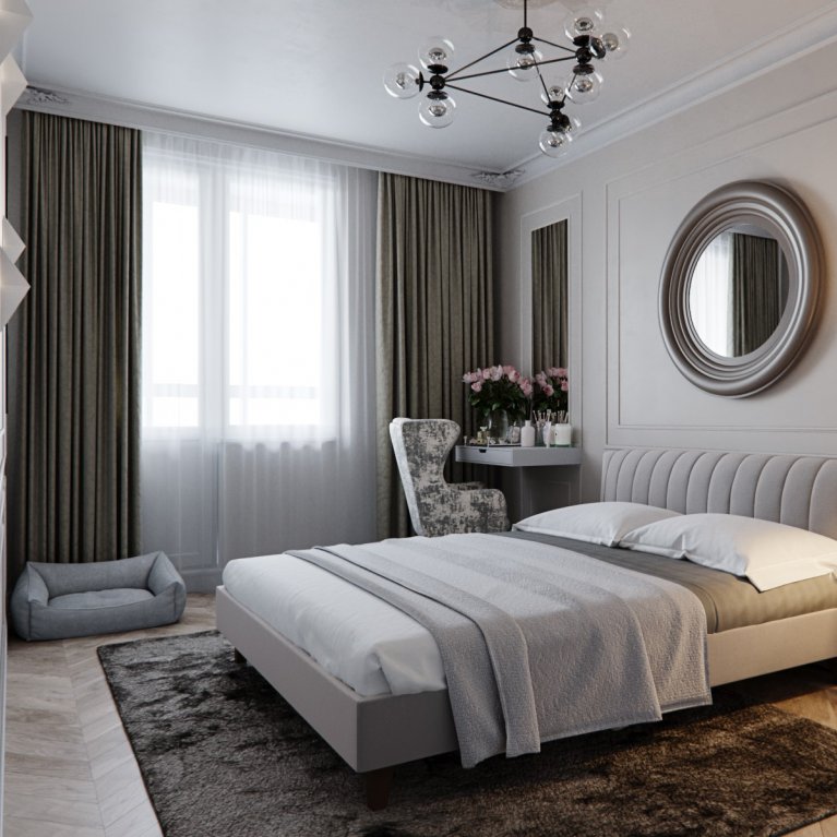 Neoclassical bedroom with round mirror