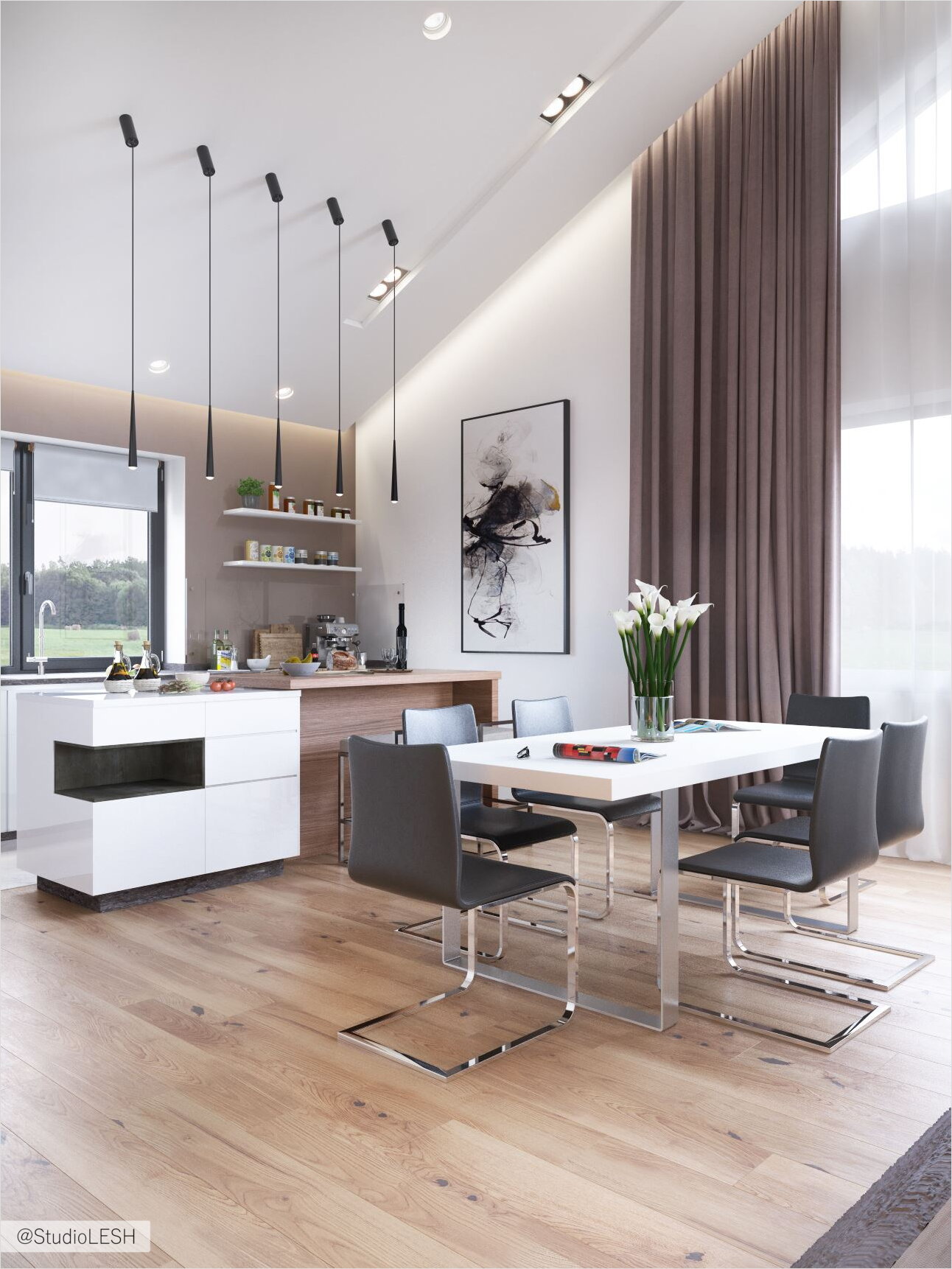 Гостиная - кухня в загородном доме 