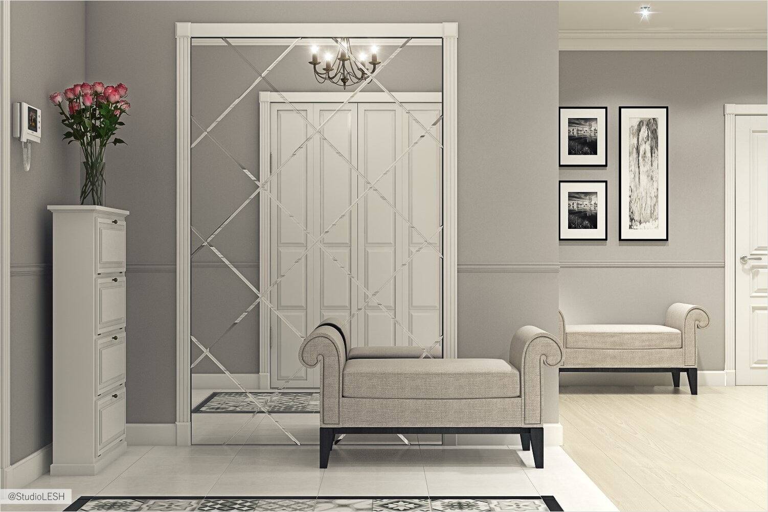 Дизайн проект прихожей, зеркало с фацетом 