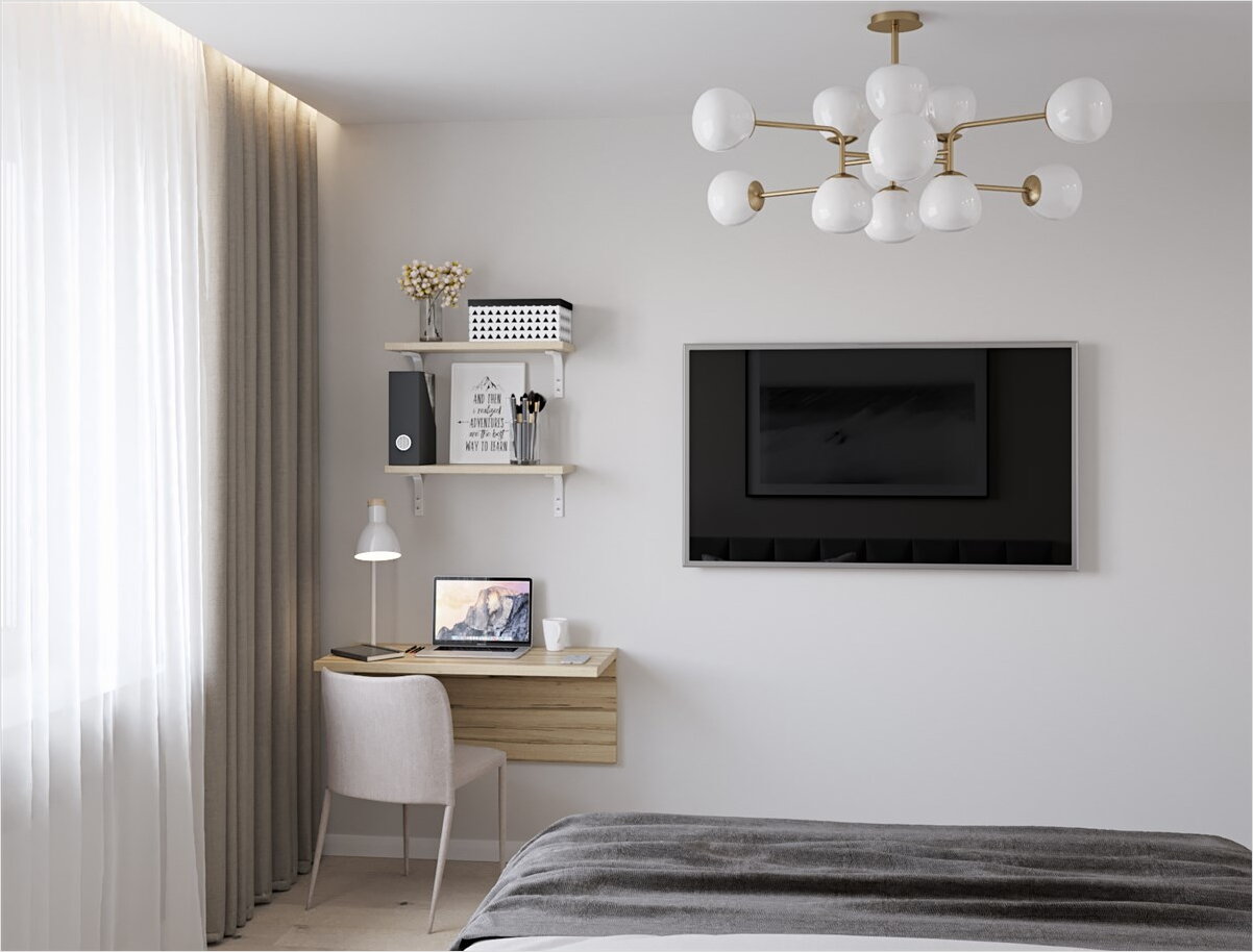 Спальня, рабочее место в спальне, телевизор на стене