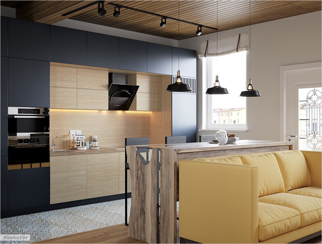 Гостиная таунхауса, кухонный гарнитур, дизайн интерьера дома