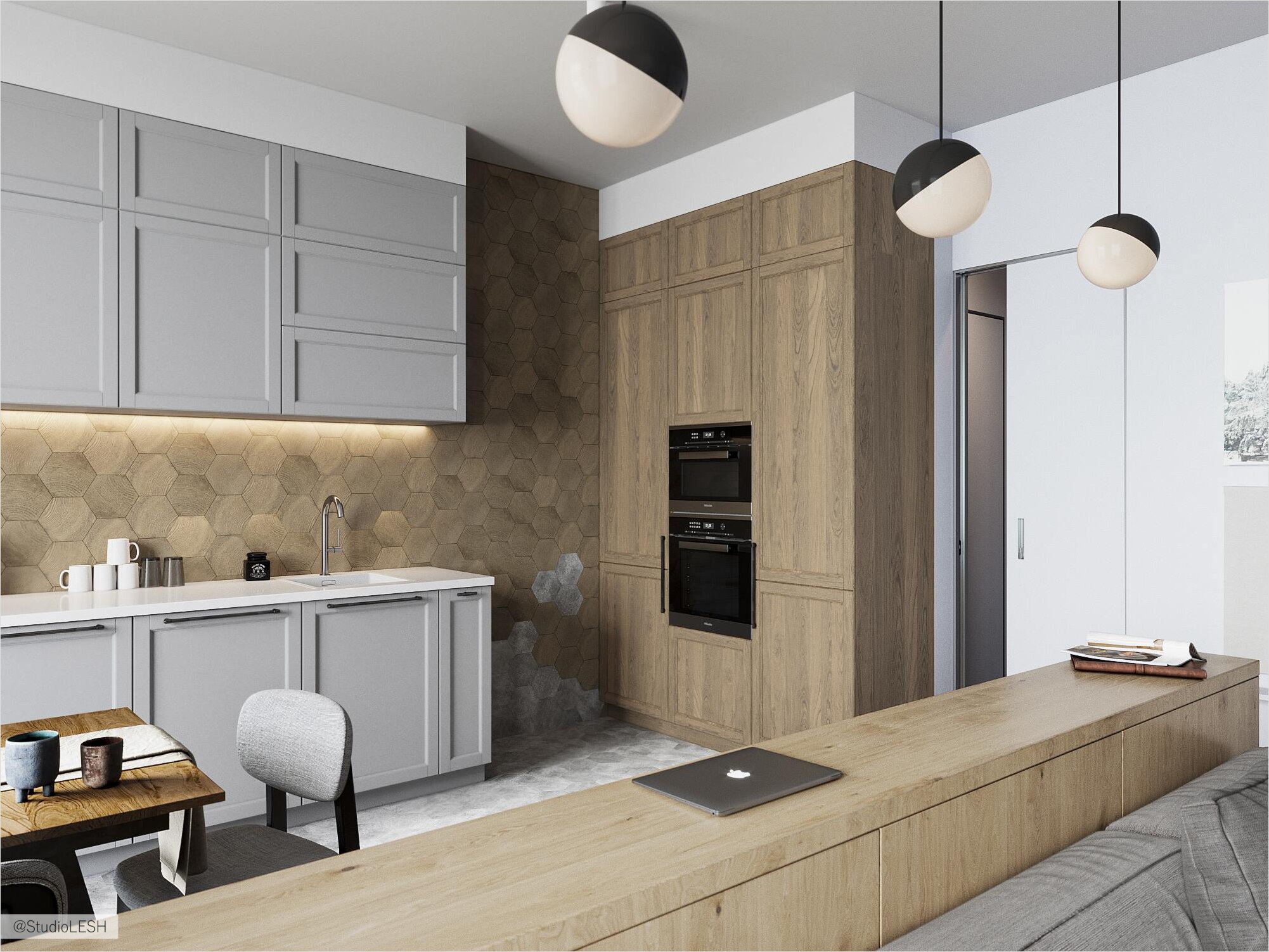 Дизайн проект кухни гостиной с интересным кафелем