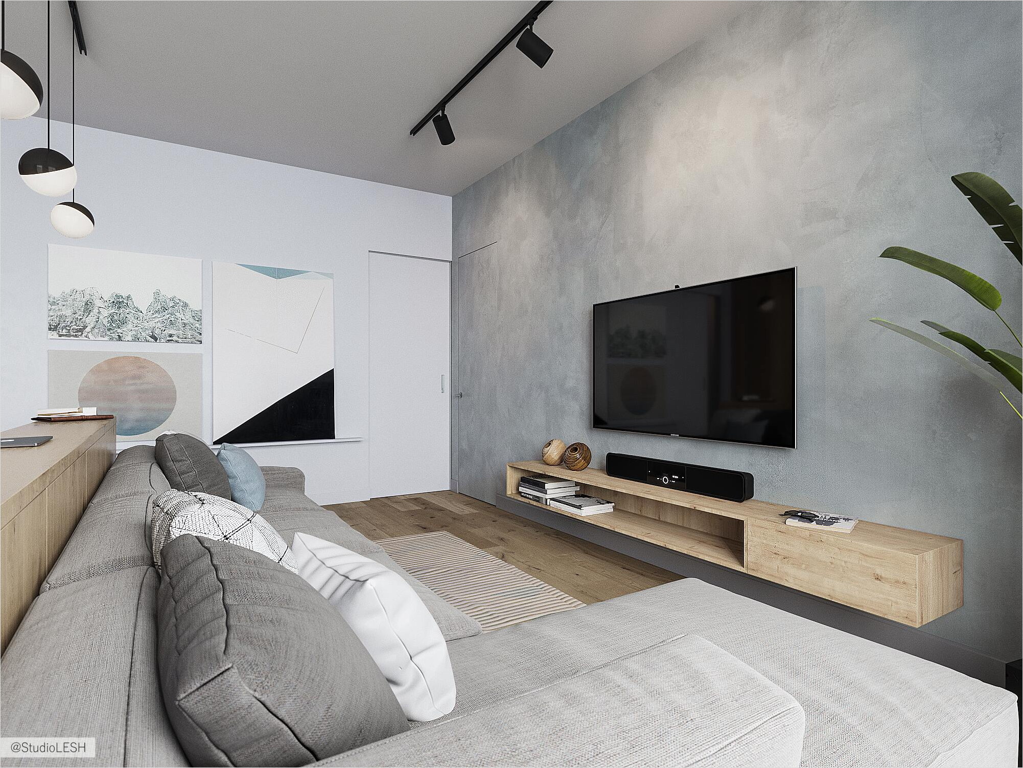 Дизайн интерьера гостиной со скрытыми дверями