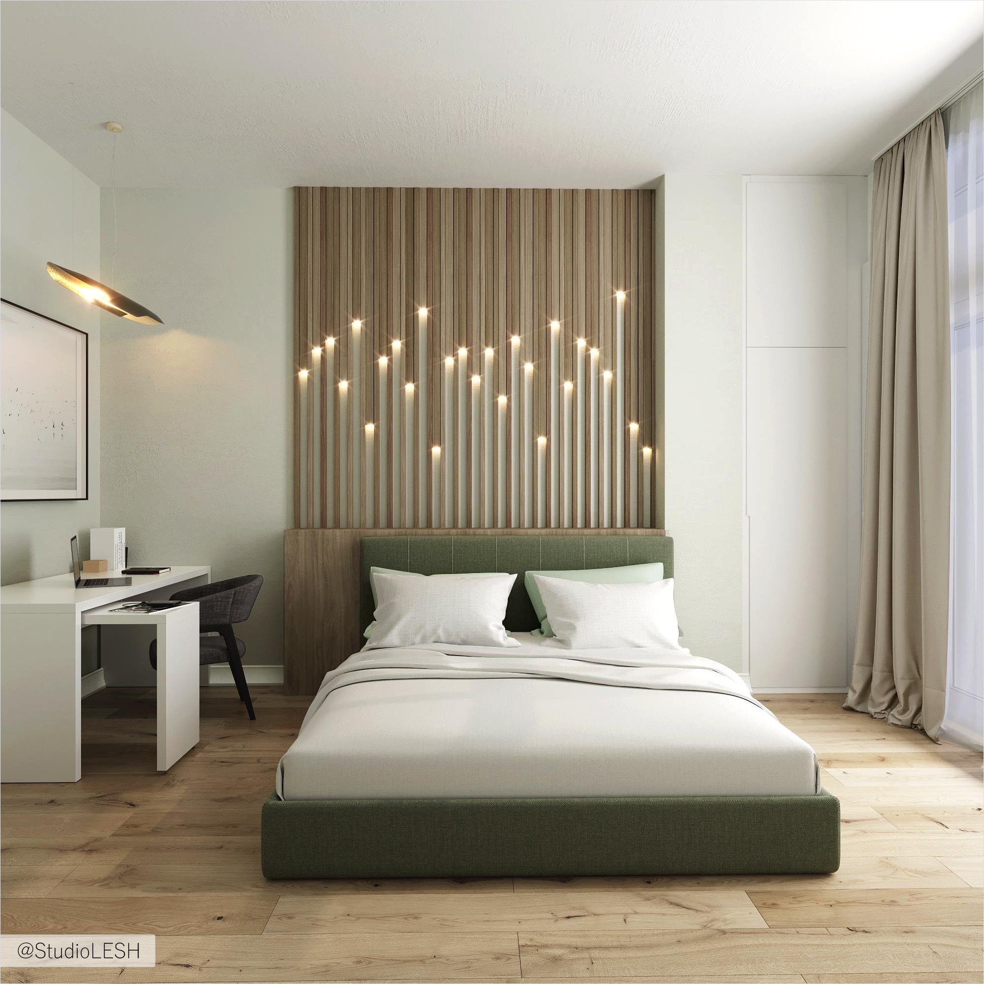 Изголовье из дерева над кроватью со светодиодной подсветкой