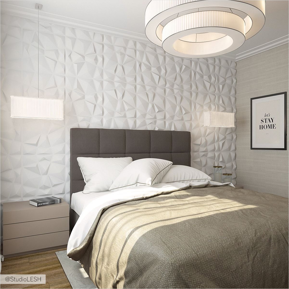 Оформление спальни, 3д панели на стене 