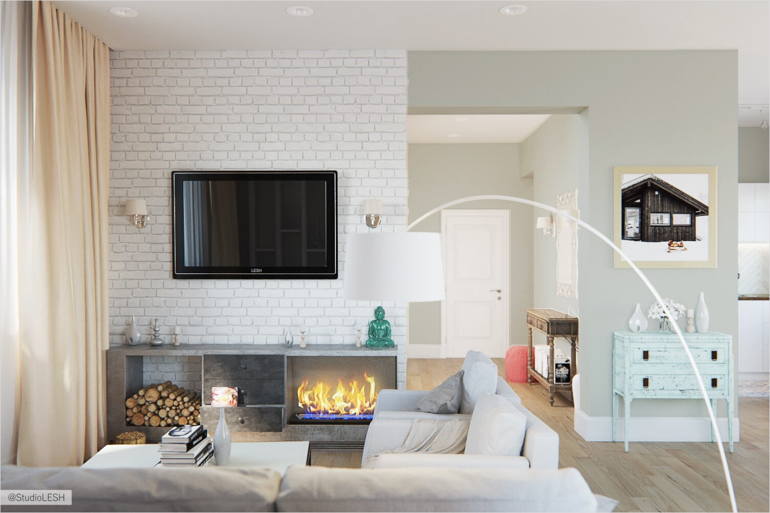 Дизайн проект гостиной комнаты с камином 