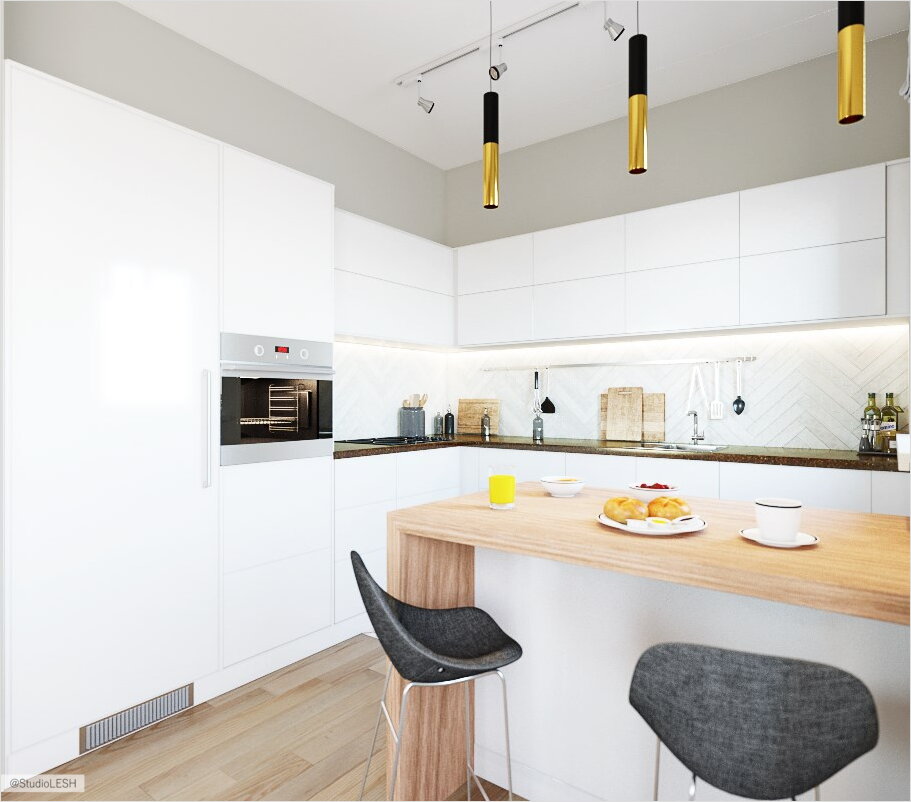 Светлая кухня с каменной столешницей 