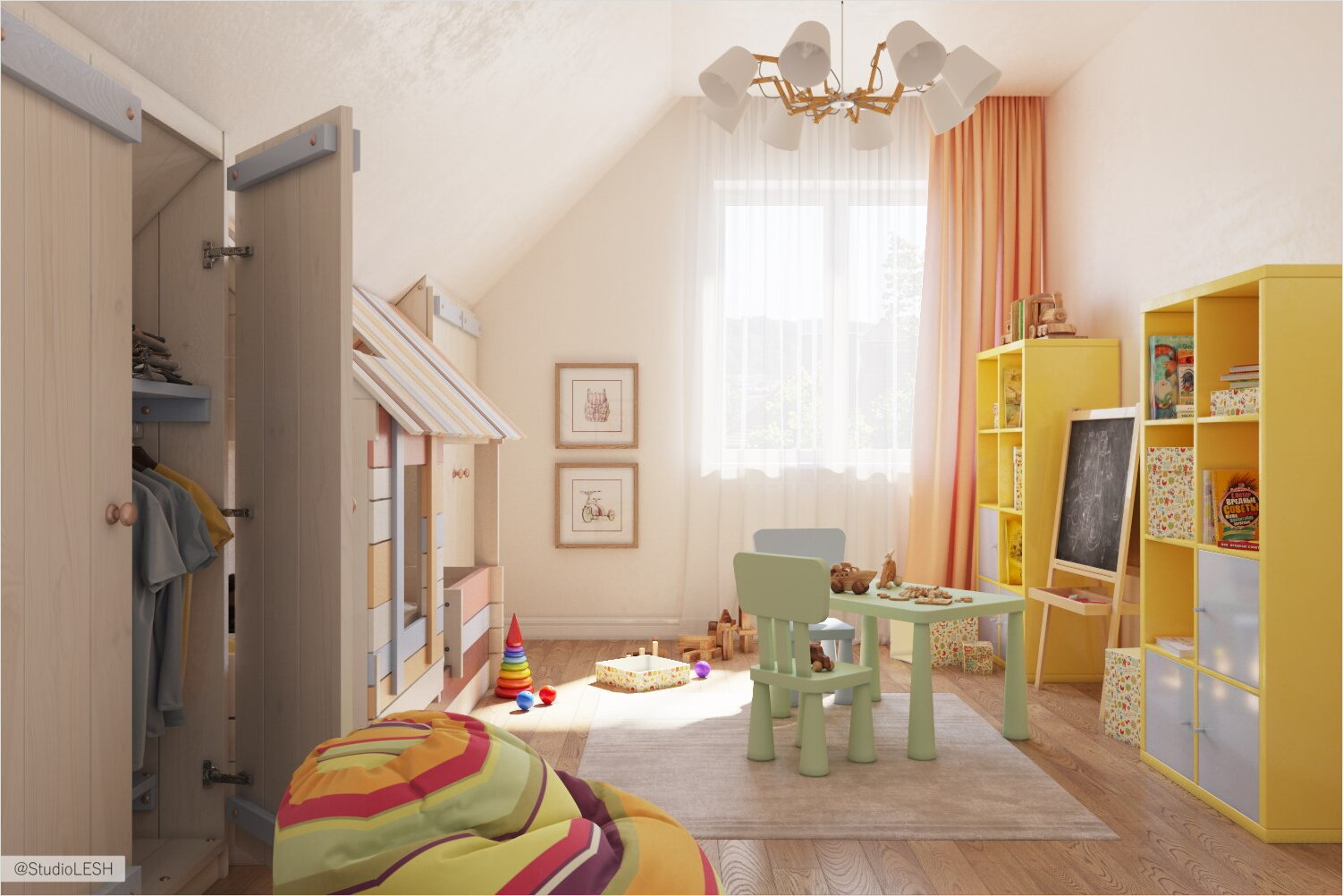Дизайн детской комнаты для малыша на мансарде 