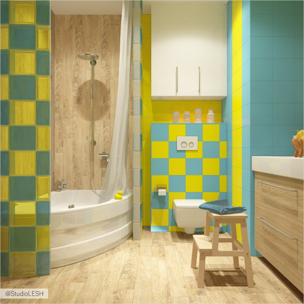 Бирюзово-желтая ванная
