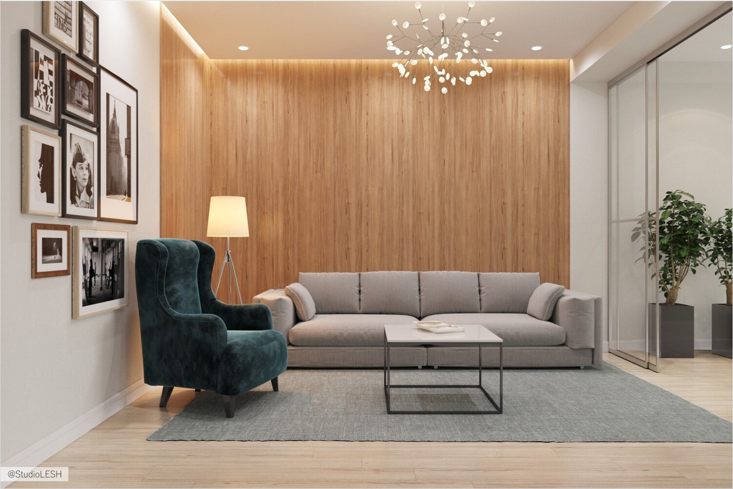 Гостиная в современном стиле и деревянной панелью