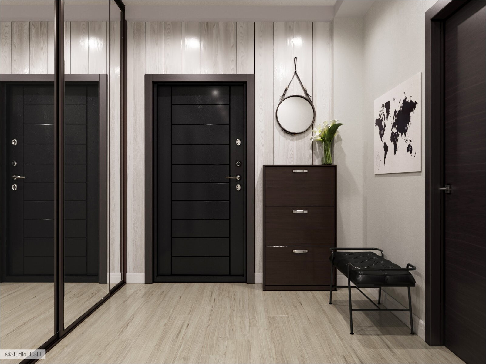 Просторная прихожая с круглым зеркалом