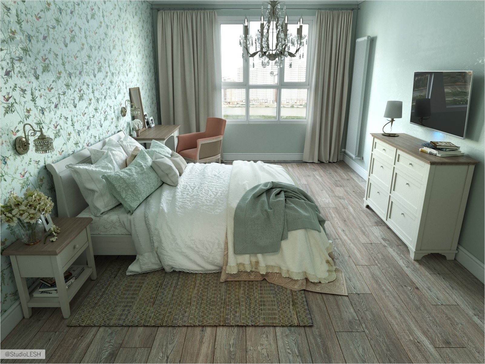 Зеленая спальня с мягкой кроватью 