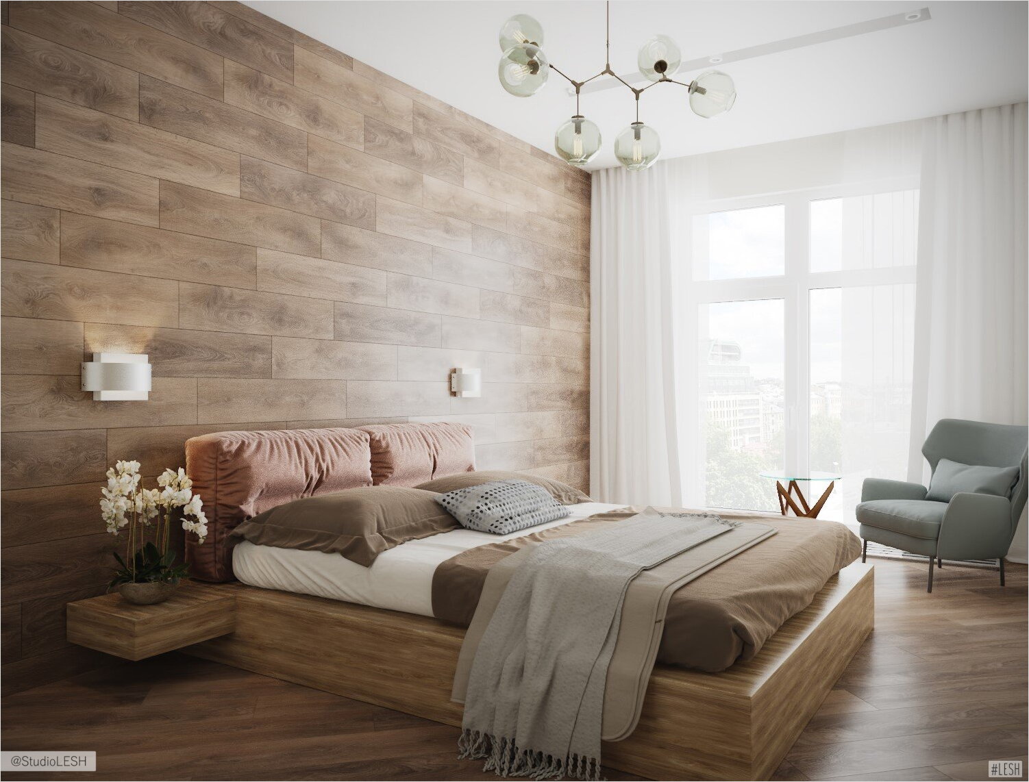 Спальня в стиле минимализм с деревянным изголовьем