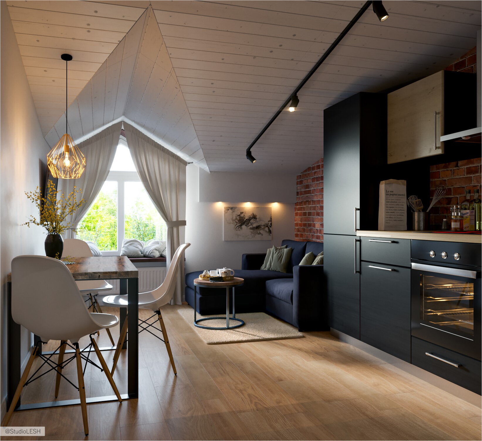 Кухня-гостиная под крышей на мансарде