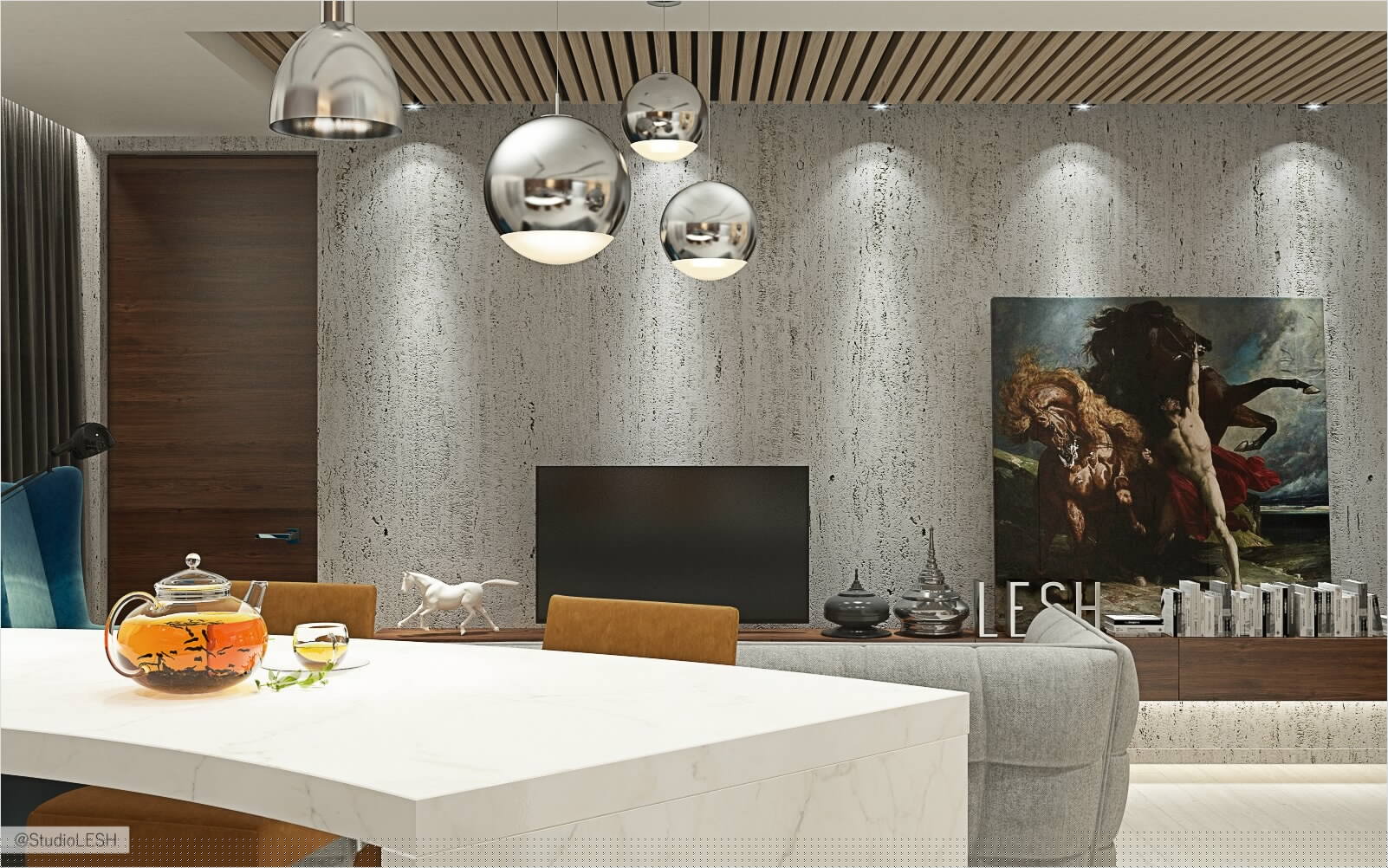 Дизайн интерьера гостиной, барная стойка 