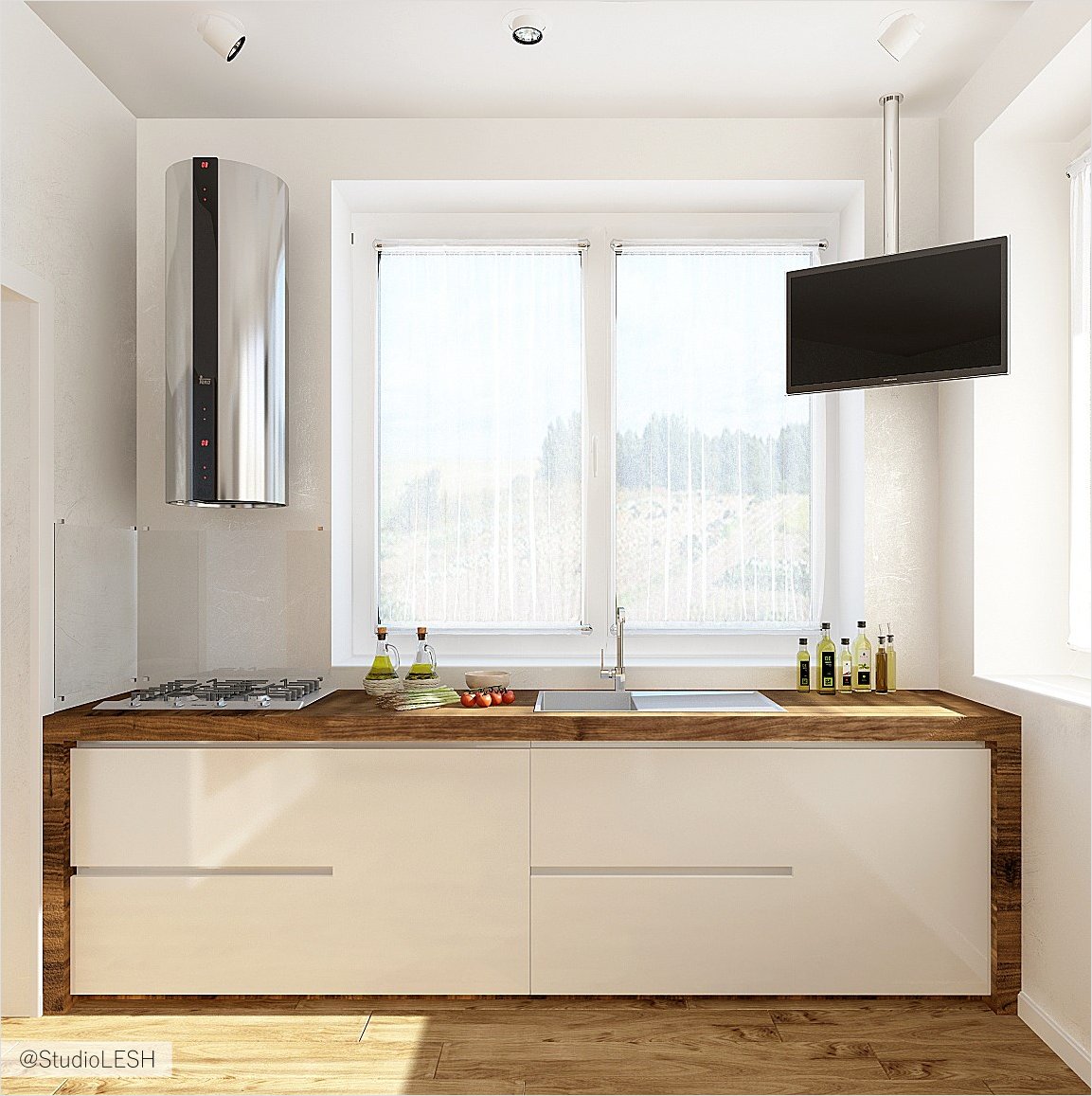 Дизайн интерьера кухни в загородном коттедже у окна