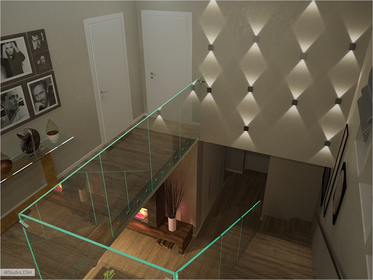 Стеклянные перила, лестница на второй этаж