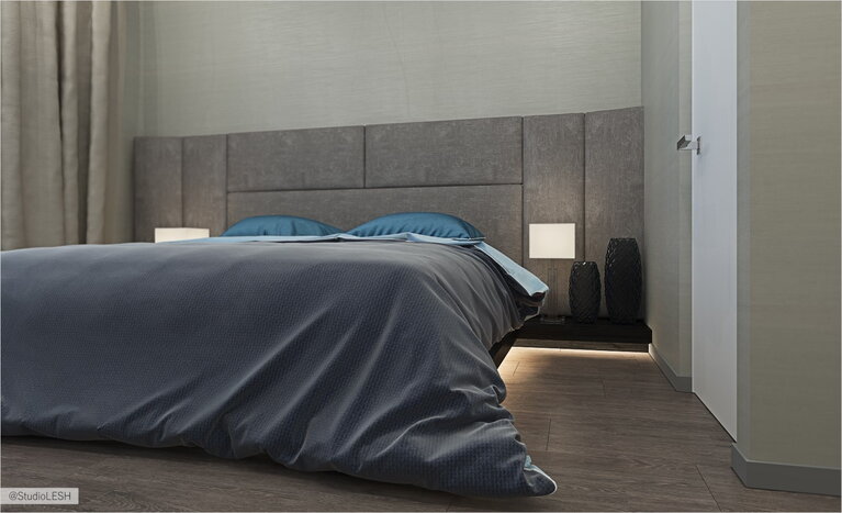 Дизайн проект спальни, кровать с изголовьем 
