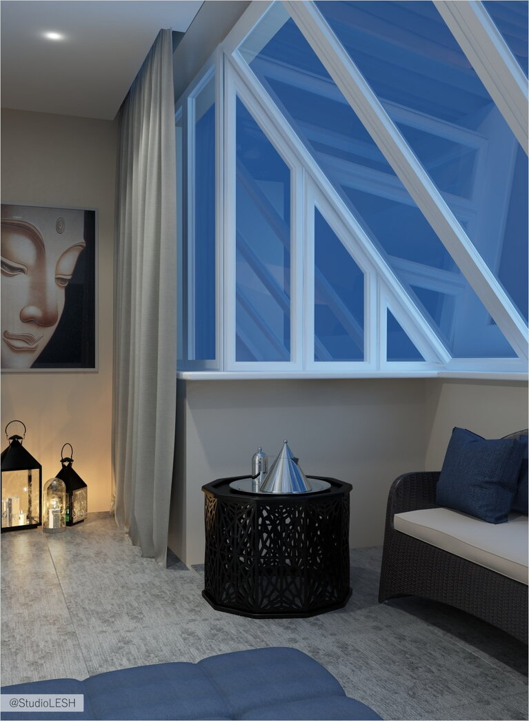 Оформление гостиной с интересными окнами 