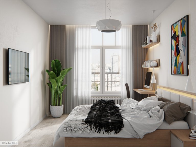 Спальня с большими окнами