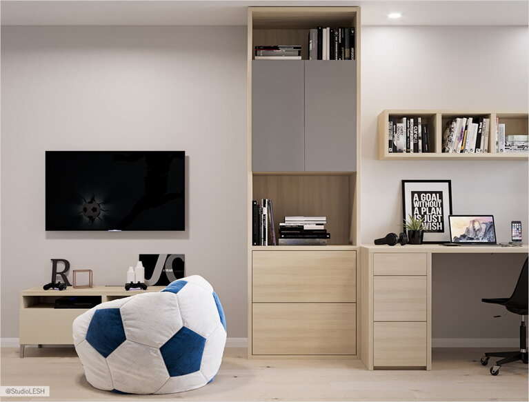 Спальня, рабочее место в спальне, телевизор на стене