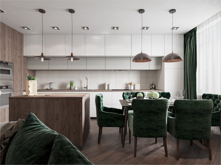 Кухня-гостиная, кухонный гарнитур, островная система хранения