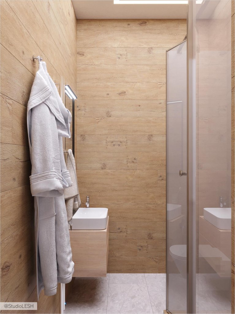 Душевая комната, с кафелем под дерево