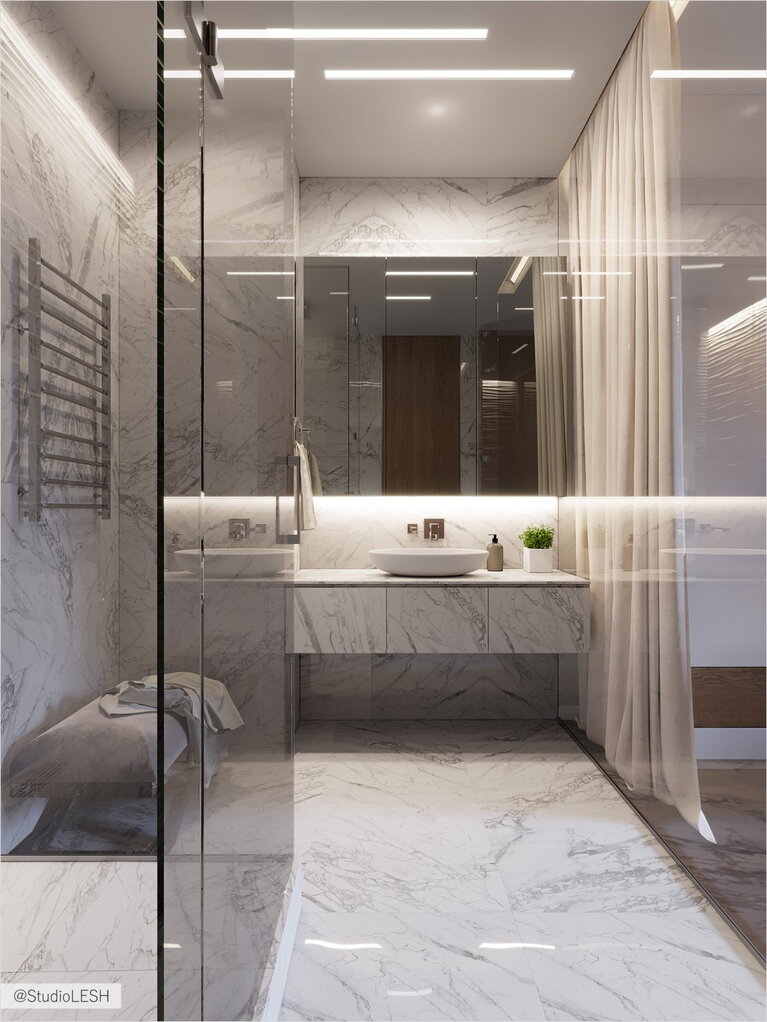 Стеклянная ванна в мраморе с банкеткой