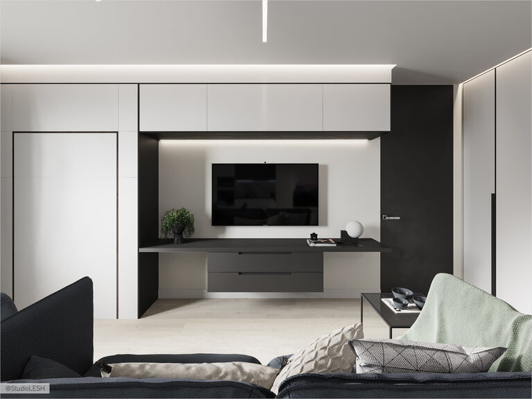 Дополнительные рабочие места в гостиной под телевизором