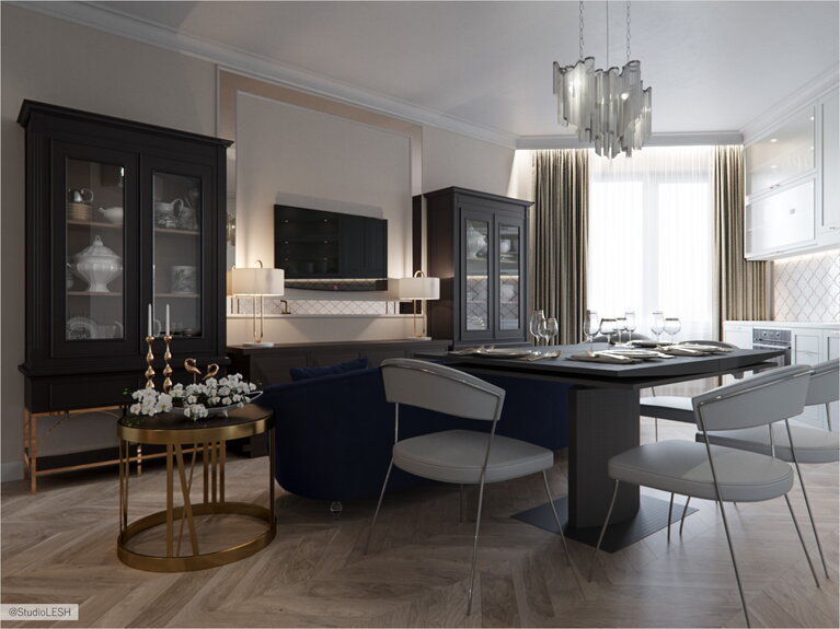 Роскошная гостиная со стеклянными шкафами