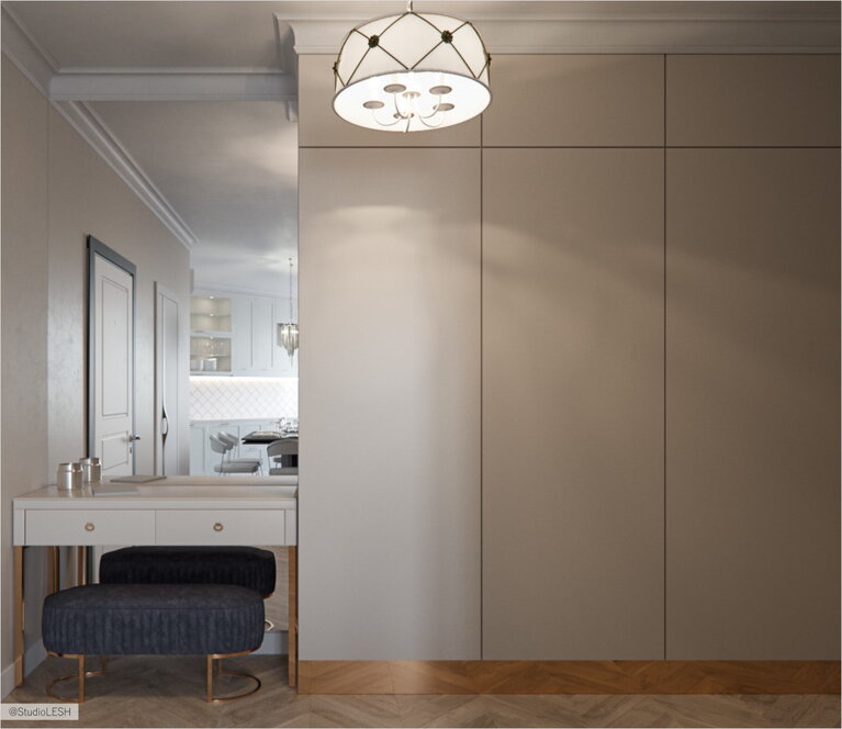 Лаконичная консоль в прихожей с пуфом