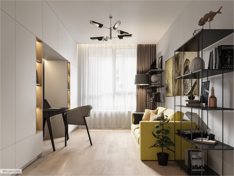 Рабочее место в нише со шкафами и лаконичные стелажи