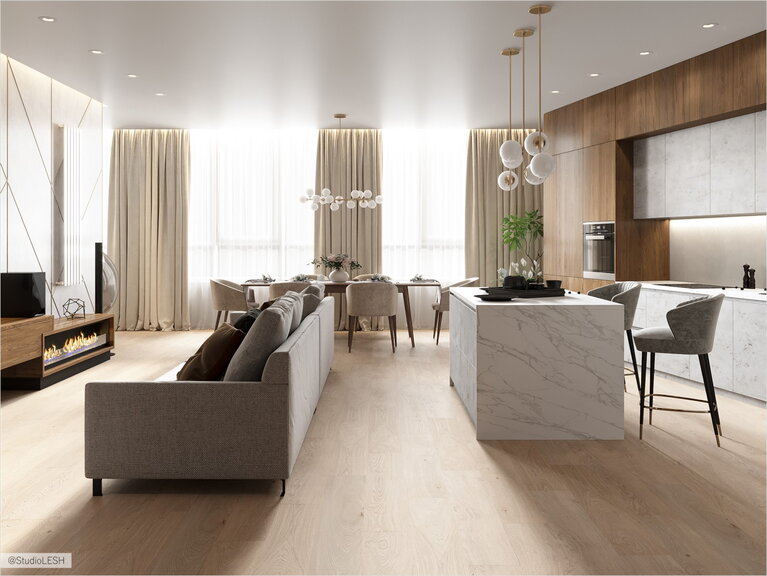 Просторная кухня и гостиная в светлых тонах