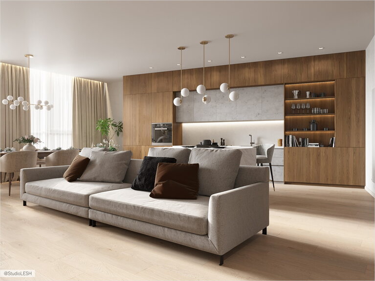 Большой диван в гостиной с акцентами на подушки