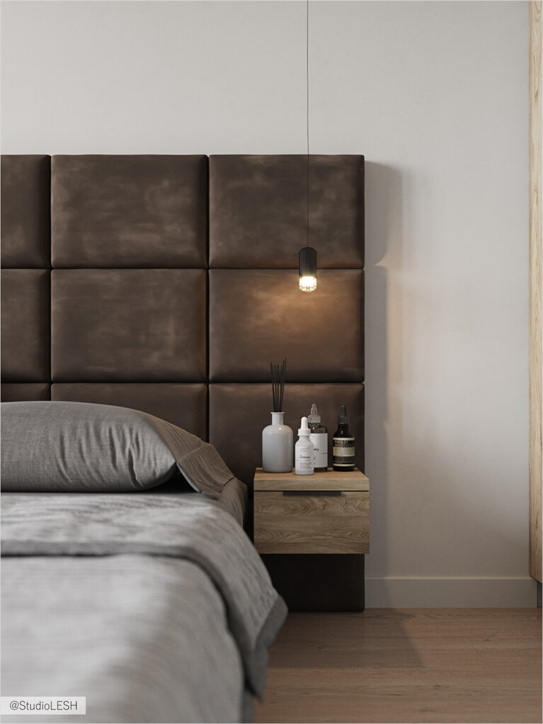 Мягкое изголовье кровати со светильником