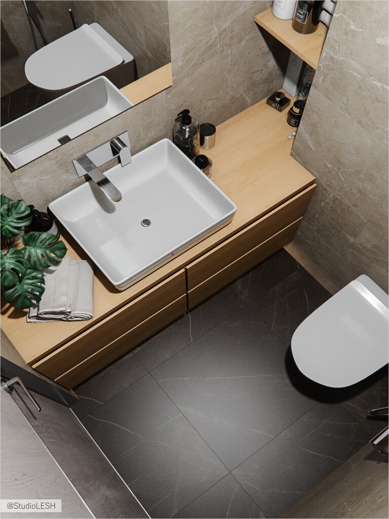 Столешница уходящая в стену под встроенные полочки