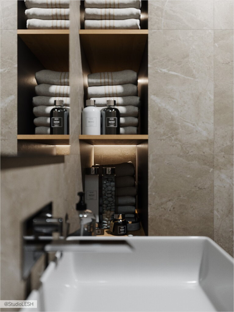 Встроенные полочки в ванной комнате