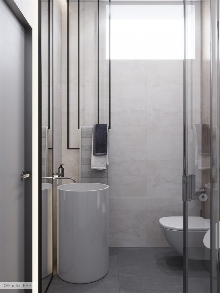 Отдельная душевая в серых цветах с напольной раковиной