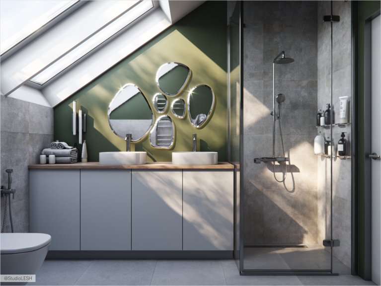 Душевая комната на мансарде с двойной раковиной