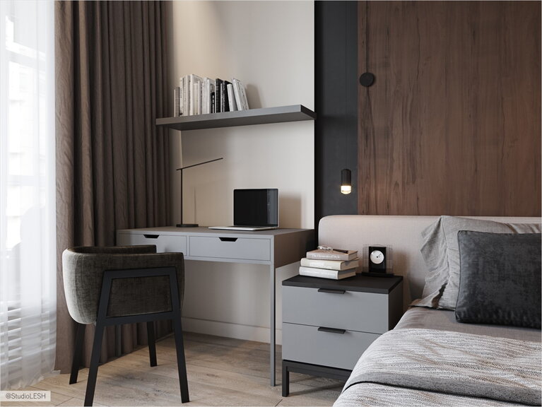 Working place in the beroom lighted by shelves