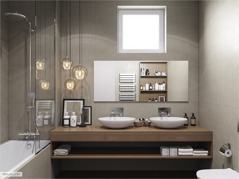 Bathroom with double sink and wooden table tab