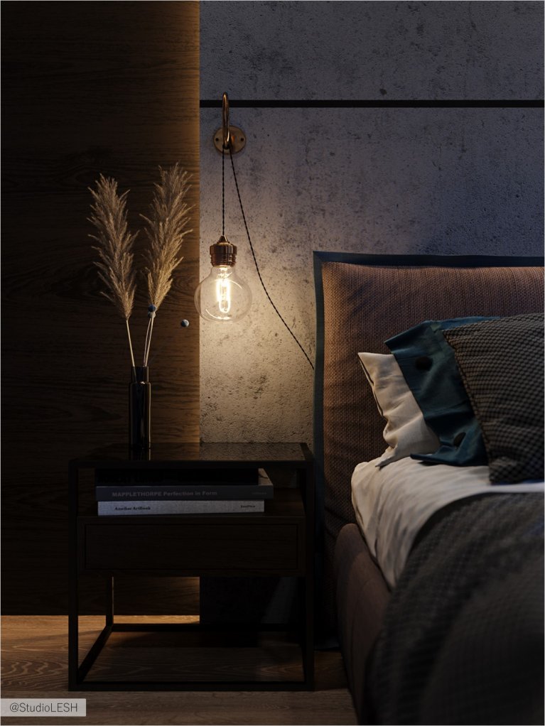 Local light in the bedroom above the nightstand