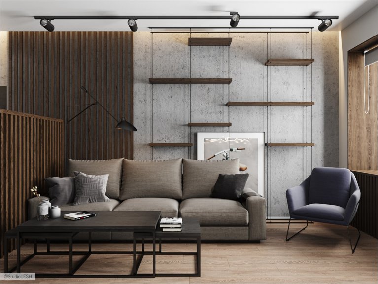 Different level of shelves in the living room