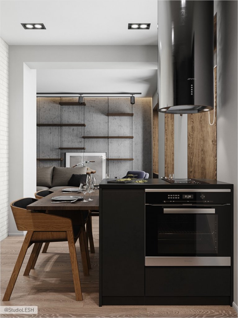 Design hood above the island in the kitchen