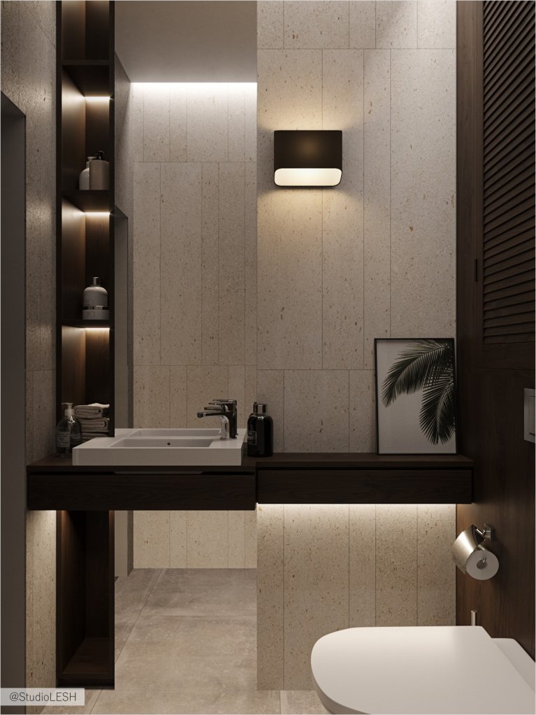 Separated bathroom with light tile