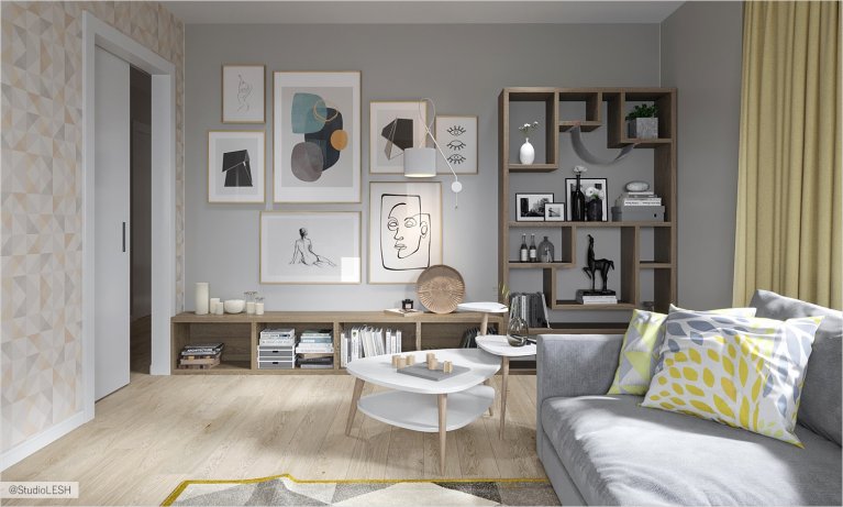 Деревянный стеллаж в гостиной