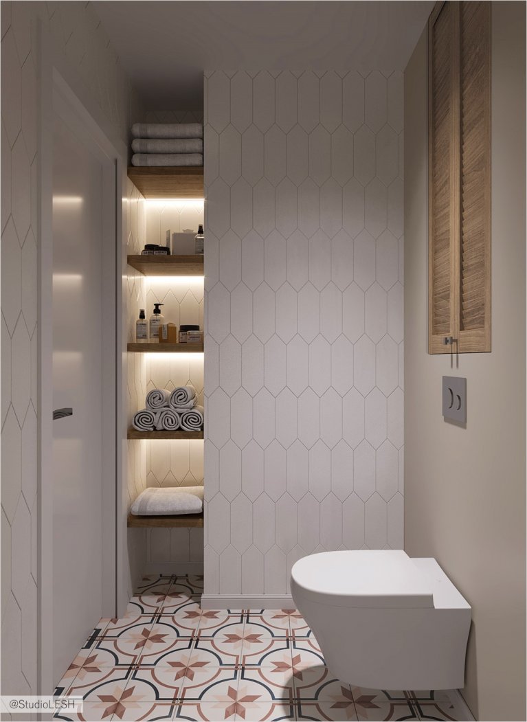 Санузел с утопленными полками для увеличения пространства