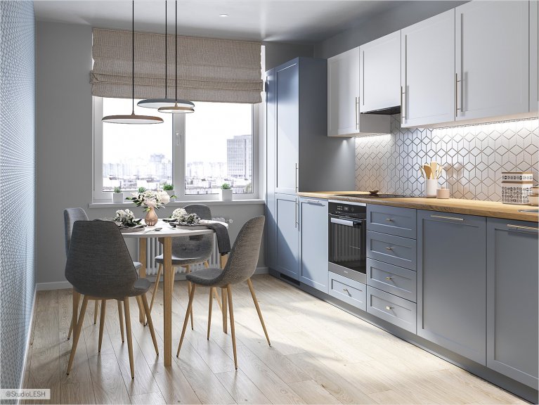 Кухня в скандинавском стиле и римскими шторами