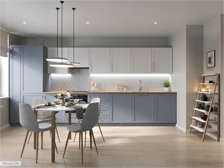 Просторная кухня в синих и белых пастельных тонах