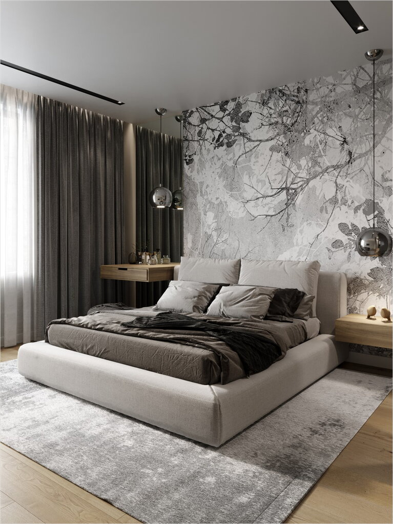 Большая кровать в спальне и мягкими простыми формами в скандинавском стиле